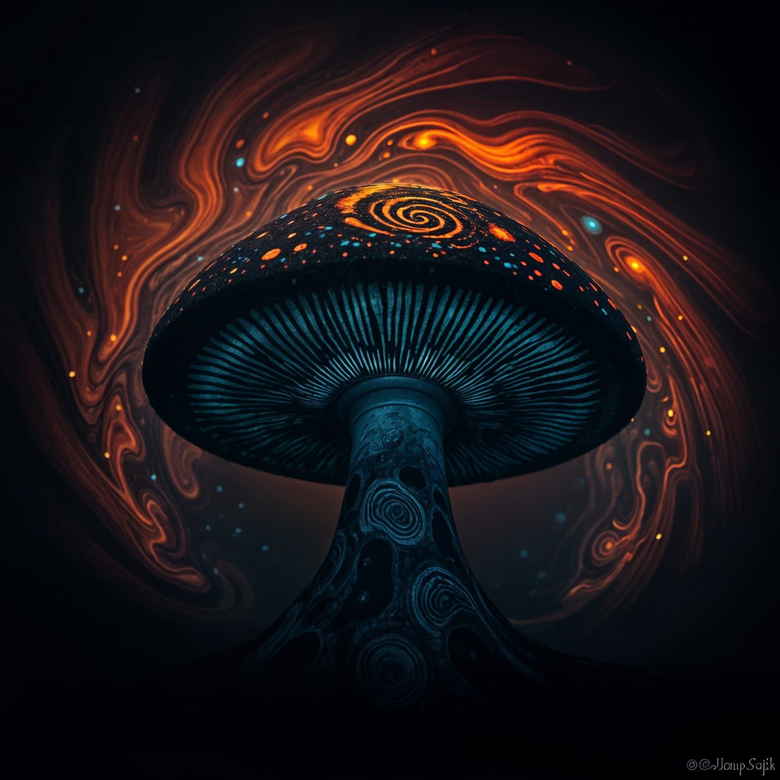 Dark Mushroom with Spiral of Colorful Spots