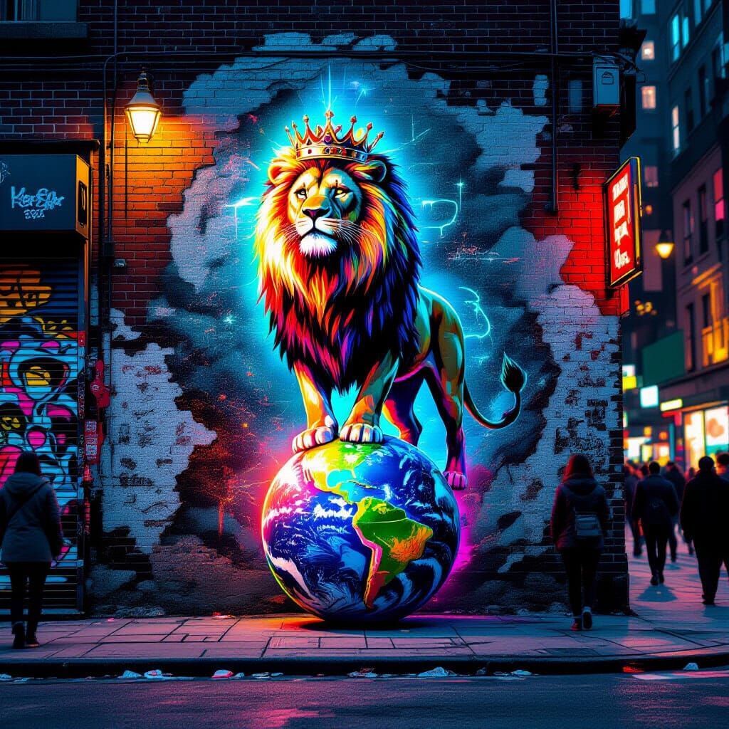 Majestic Lion Graffiti Mural in Neon Colors