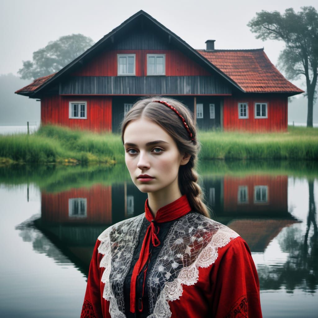Dreamlike Lithuanian Woman by Lake: Double Exposure Photogra...