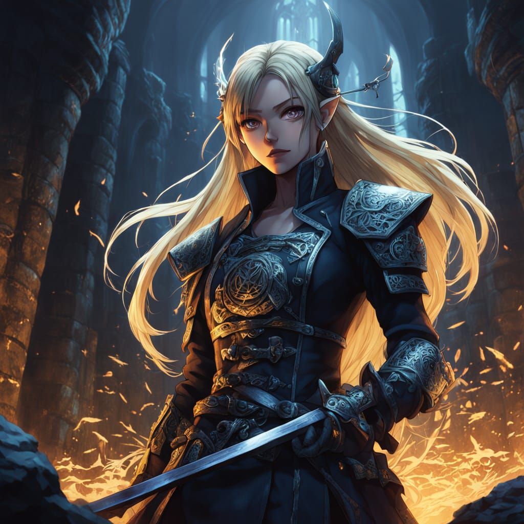 Anime Warrior Slaying Monster in Dark Dungeon