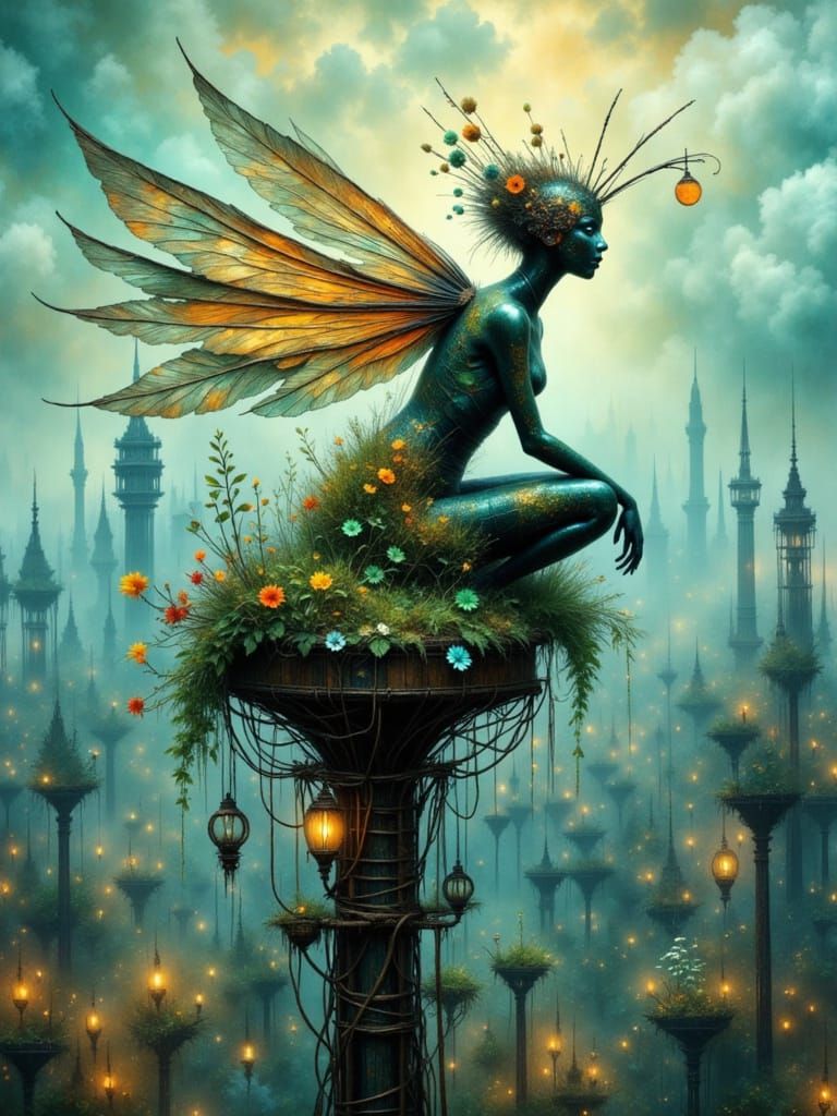 Biomechanical Fairy on Radio Tower in Surreal Style