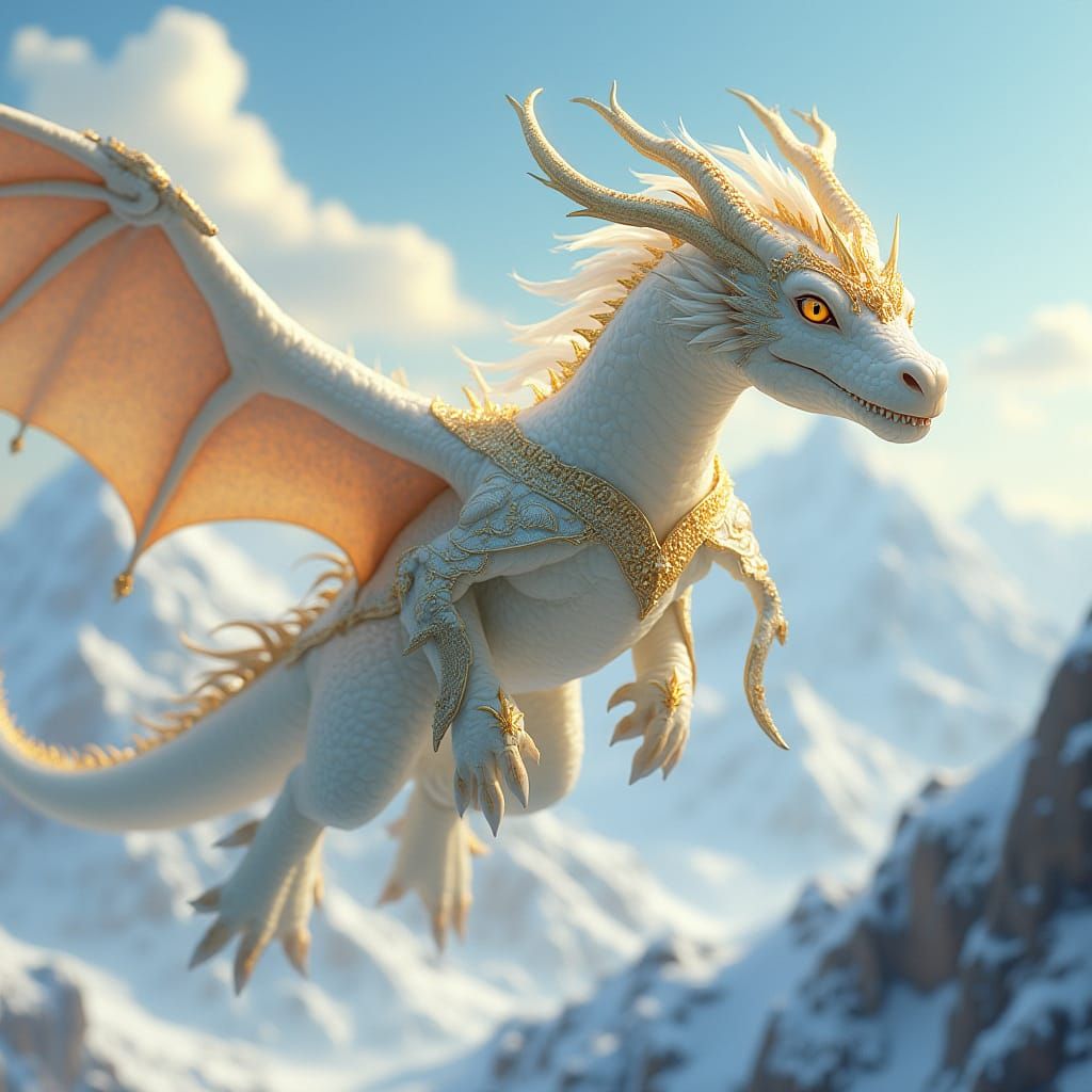 Regal Golden Dragon Soars Over Snowy Peaks