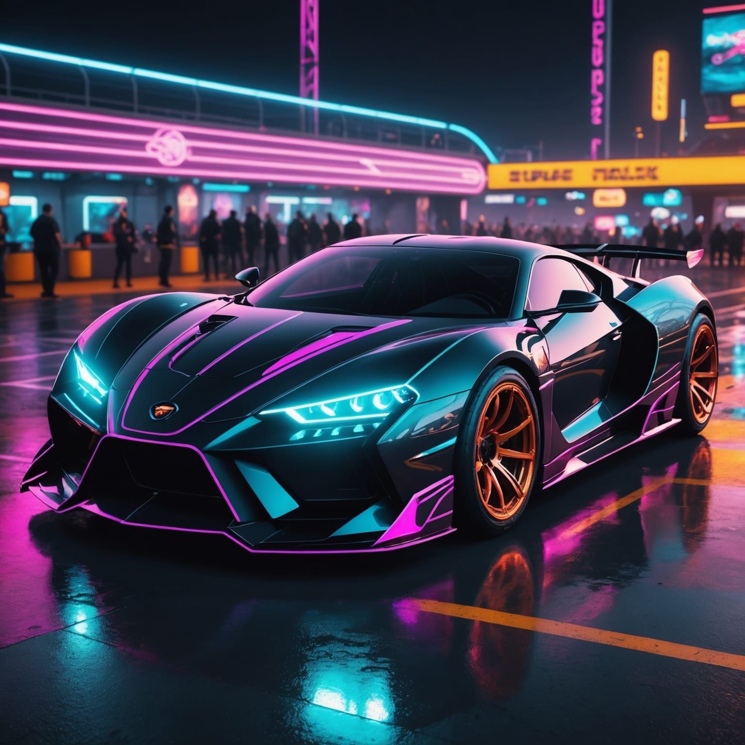 An elaborately designed super car from a near futuristic cyber punk race track. Neon lights, powerful engine, custom rim...