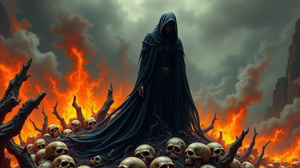 Dark Figure Reigns Over Twisted Flames in Gothic Hell