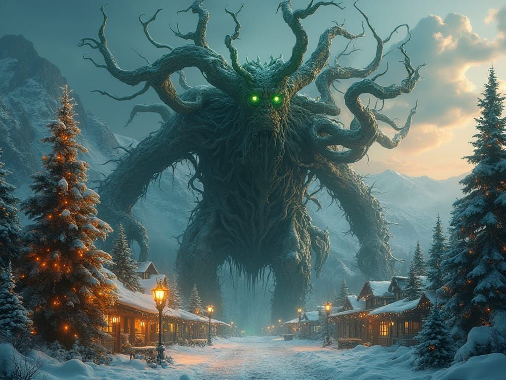 A colossal, twisted redwood Krampus treant, its bark-like sk...