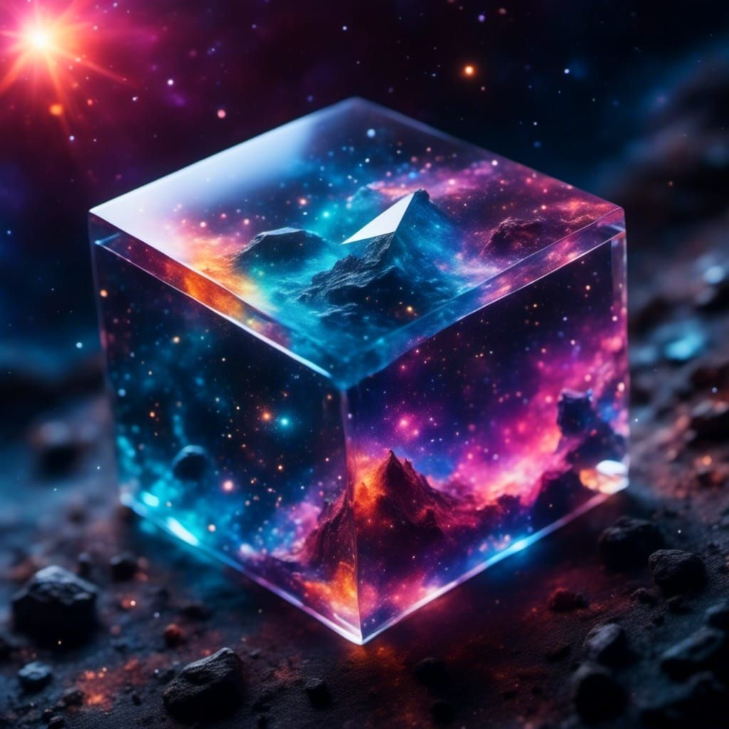Glass Cube Rainbow Galaxy in Deep Space