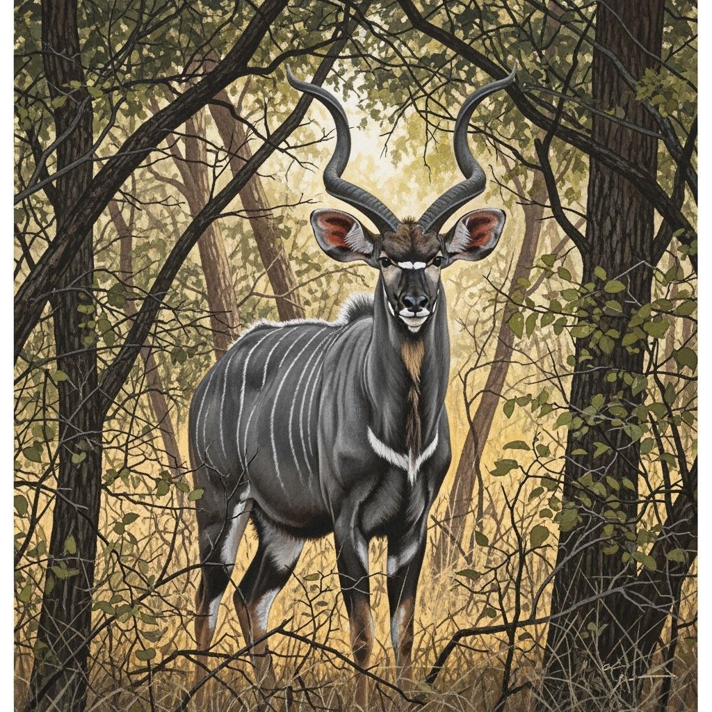 Nyala in Woodland Thicket, Realistic Wildlife Art