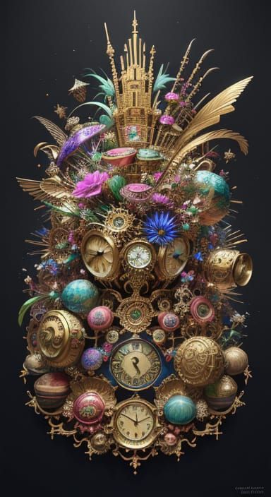 Explosion of Ornate Gifts and Clockwork Curios in Vibrant Oi...