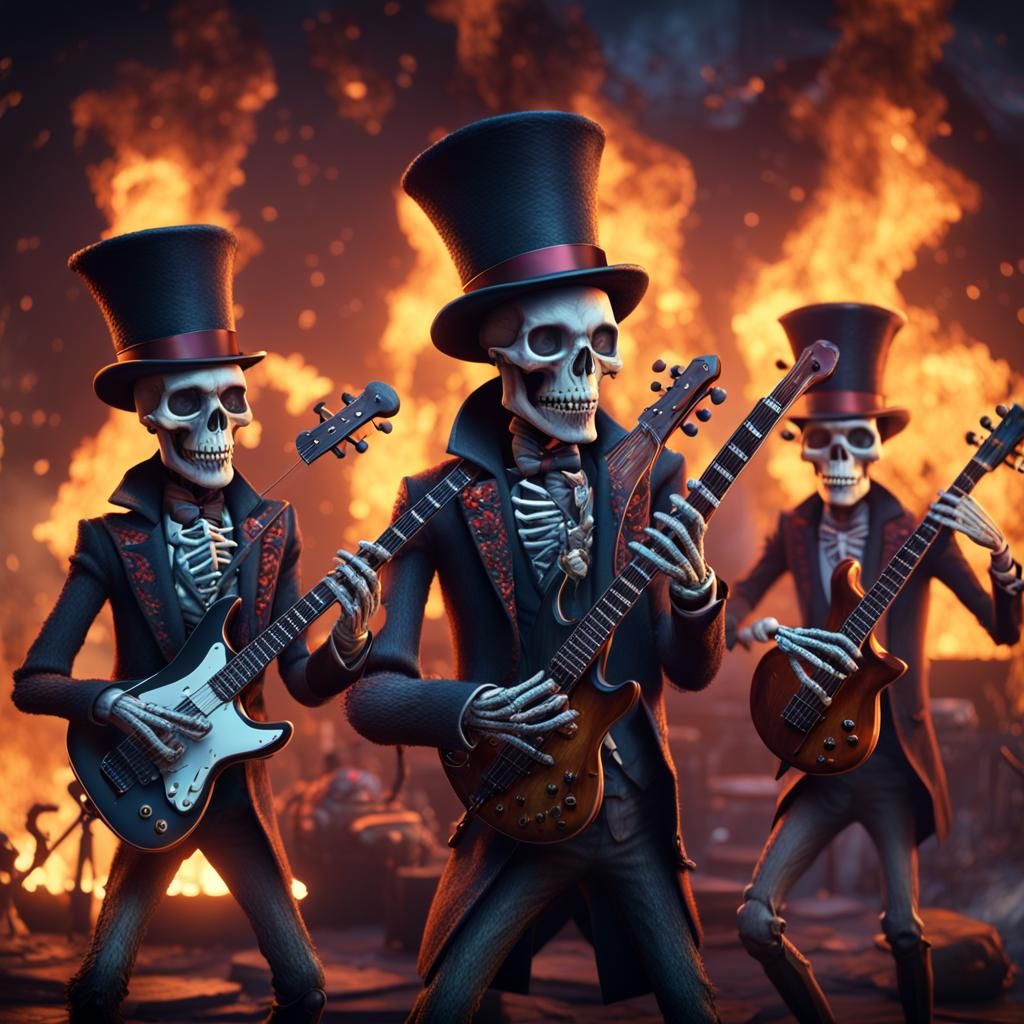 Skeletal Rock Band Ignites Stage in Detailed Painting