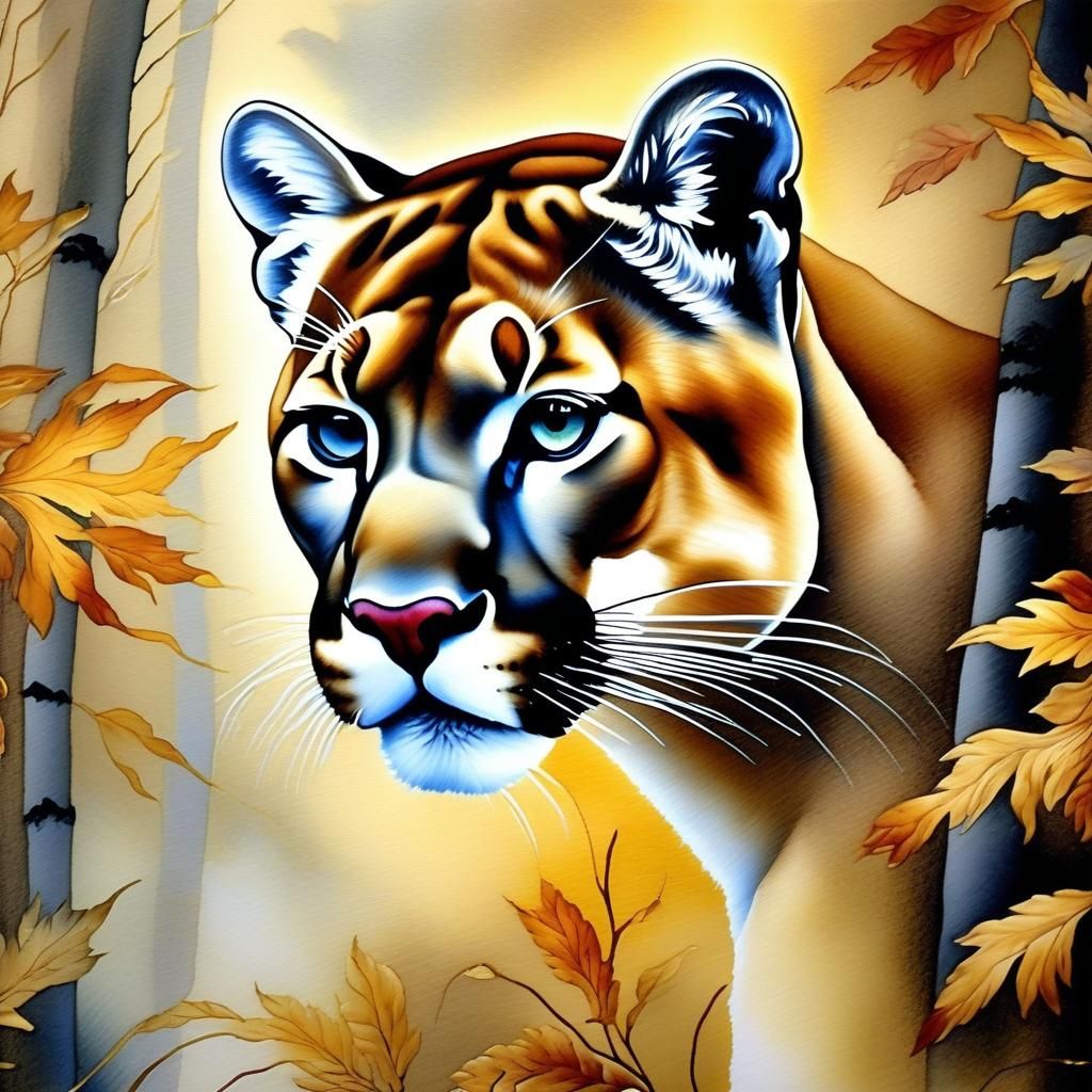 Cougar in Autumn Forest: Ink and Watercolor Painting