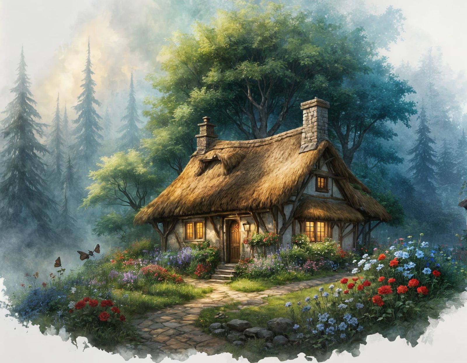 Whimsical Cottage in a Misty Forest