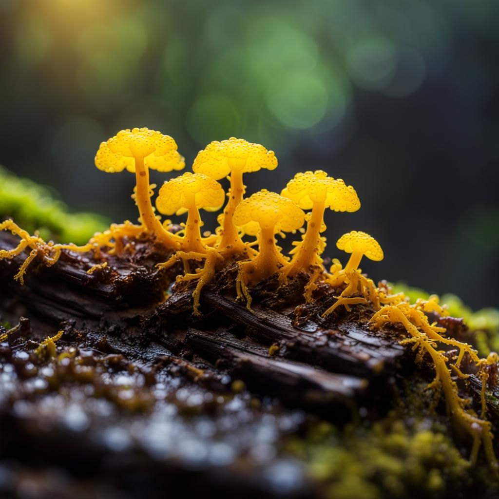 Bright Yellow Slime Mold Crawling Over Wood