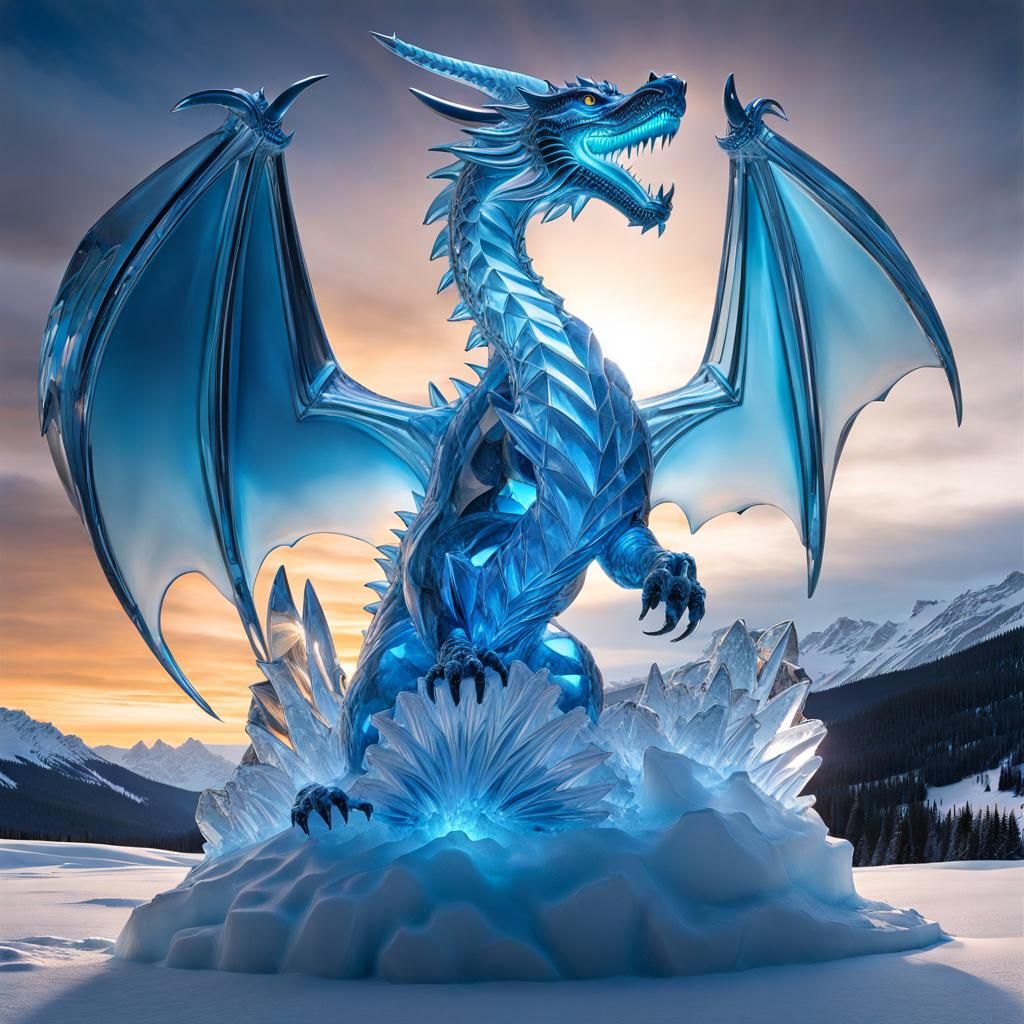 Crystal Ice Dragon Statue at Dawn
