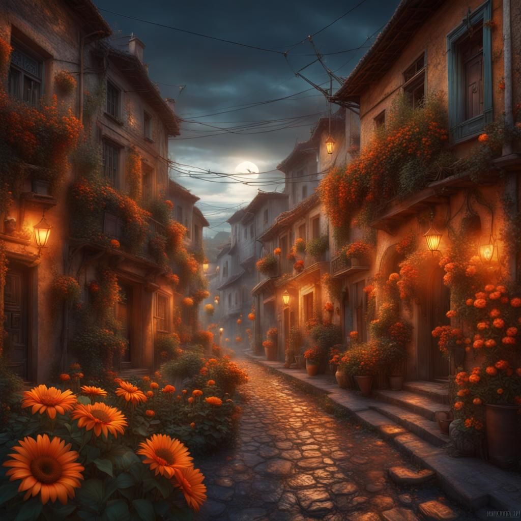 Day and Night Street with Blooming Flowers