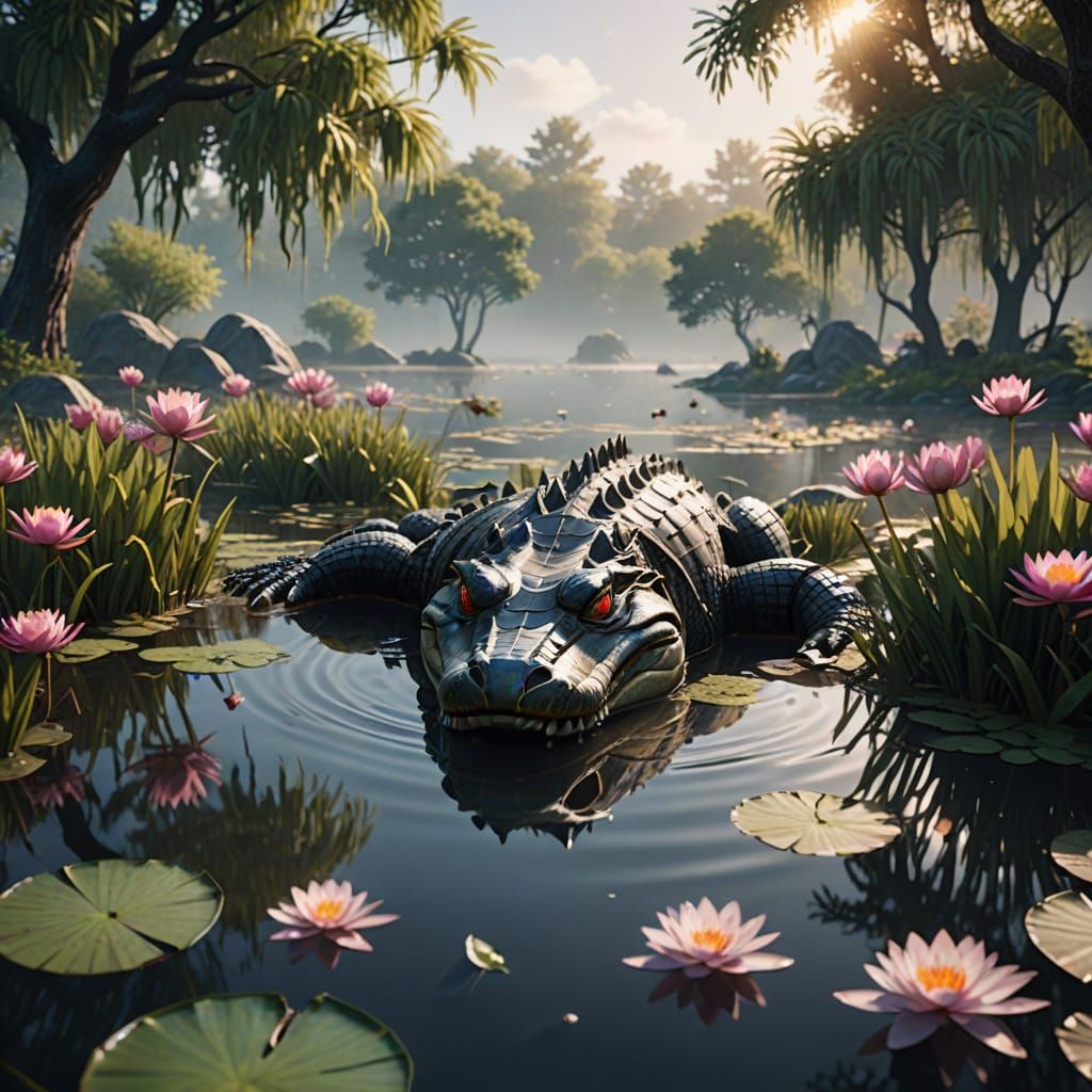 Surreal Monet-Inspired Swamp Scene with Vibrant Water Lilies...