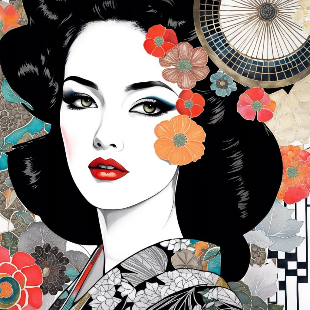 Geisha Girl Portrait in Art Nouveau Collage Style