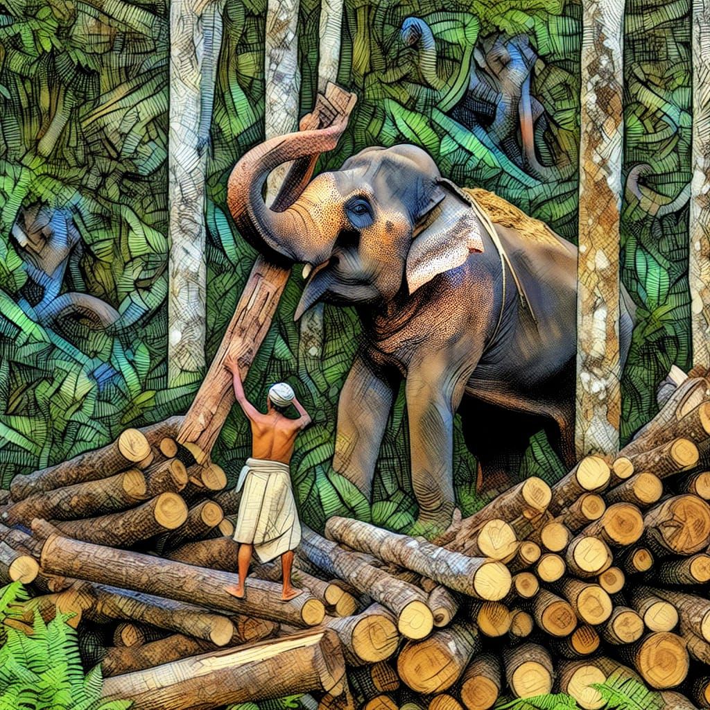 Elephant and Mahout in Jungle Ink Wash Painting