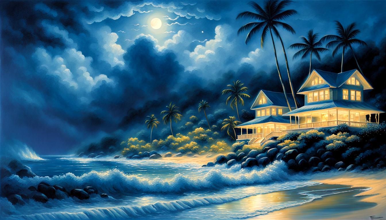Ethereal Hawaiian Beach at Night in Cyanotype Style