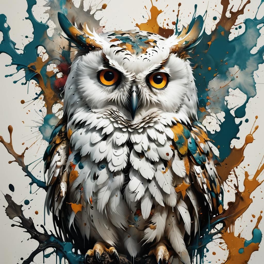 Adorable White Owl Portrait in Splash Art Style
