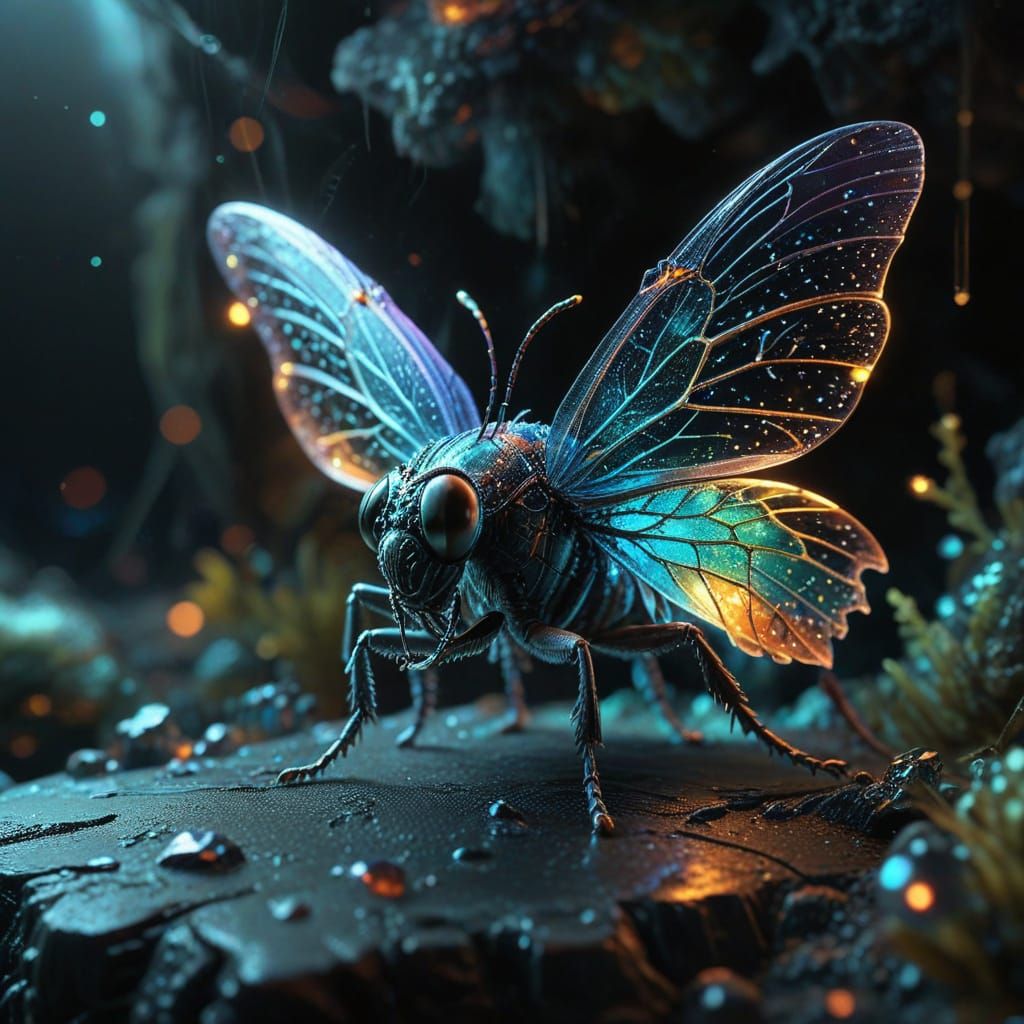 Ethereal Insect Amidst Crystal Formations in a Dark, Glowing...