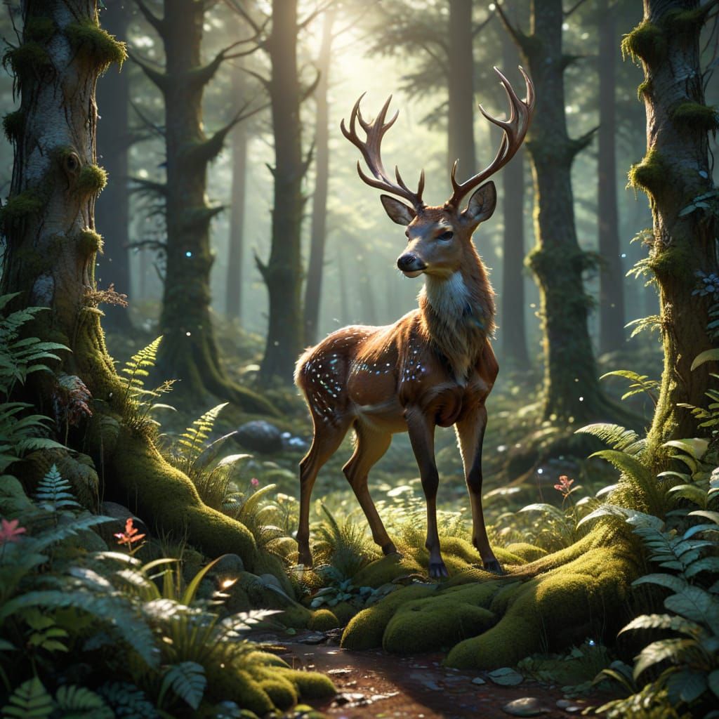 Lush Magical Forest with Deer and Fireflies