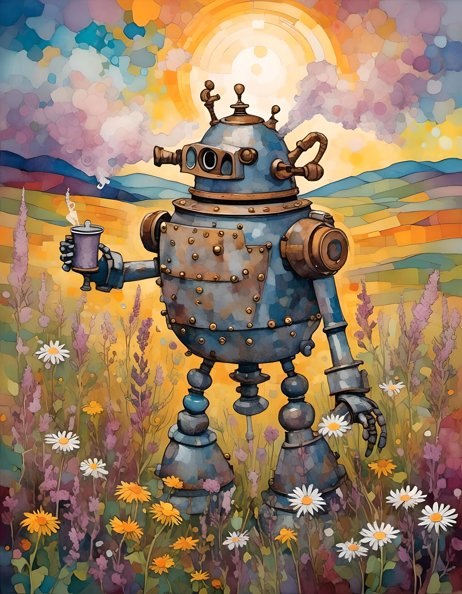 Steampunk Robot Kettle in a Daisy Field