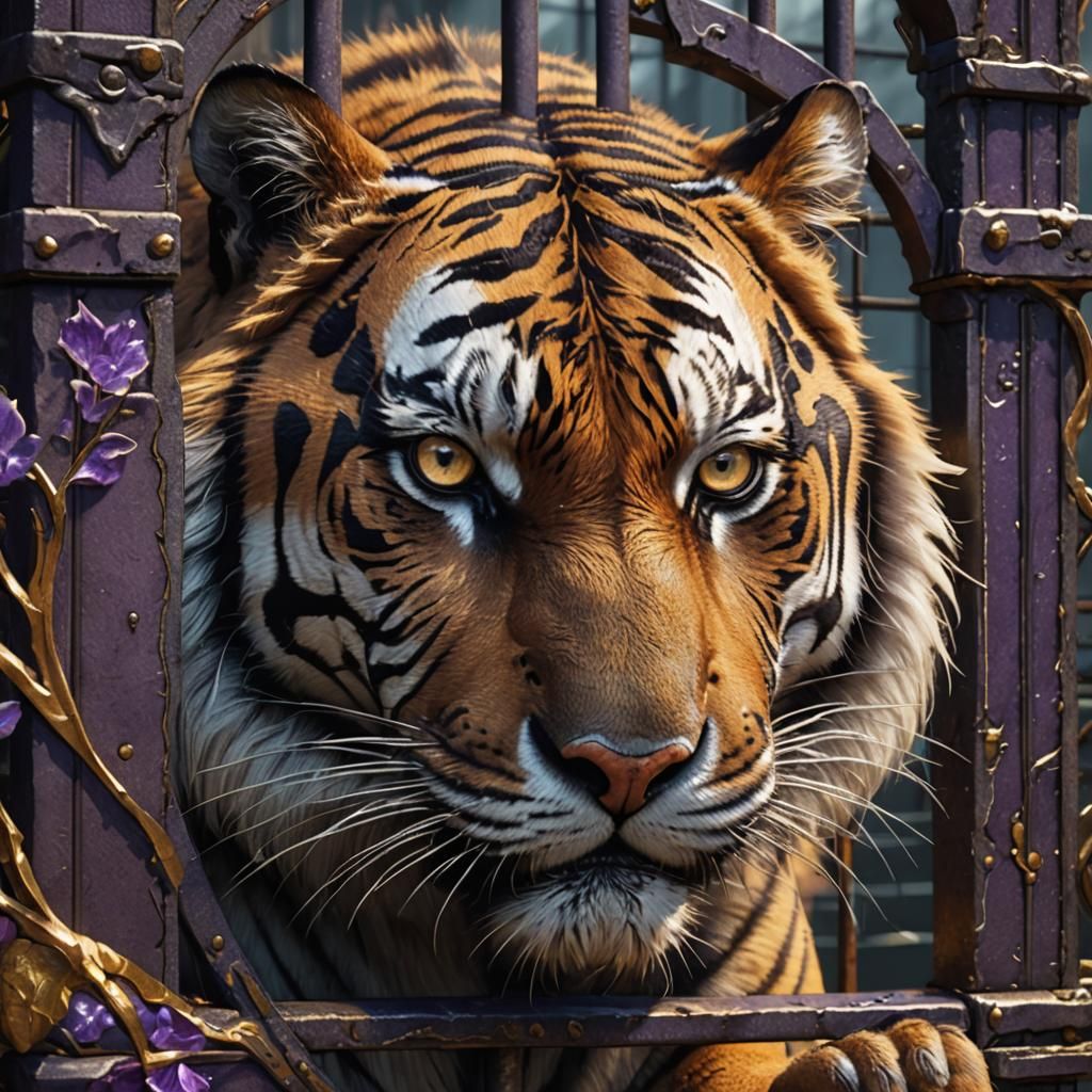 Hyperdetailed Tiger Face Behind Bars in Dark Fantasy Style