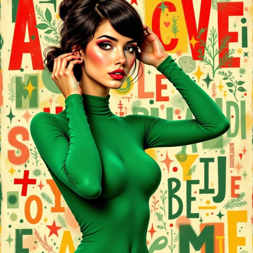 Woman in Green Catsuit in Basquiat Collage Style