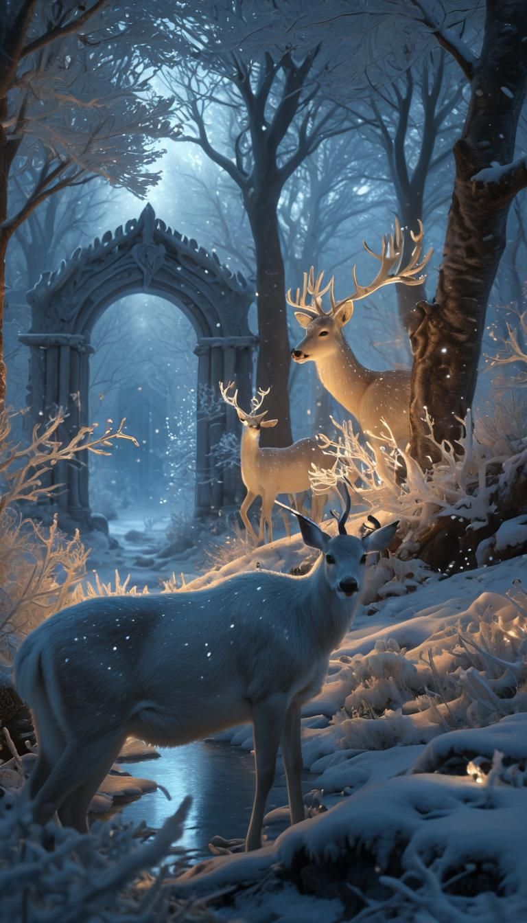 Mystical White Deer in Winter Fantasy Forest