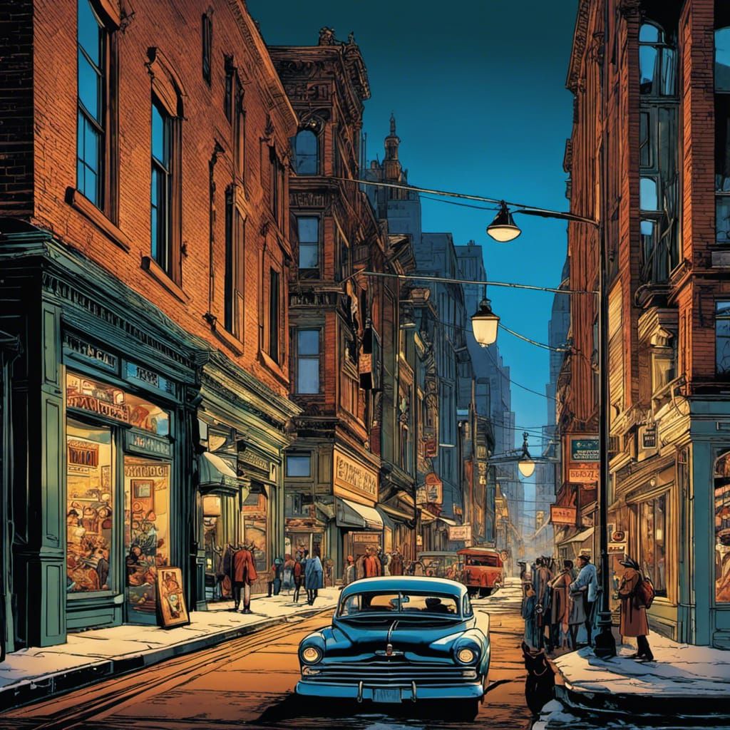 1940s Manhattan Night Street Scene in Graphic Novel Style