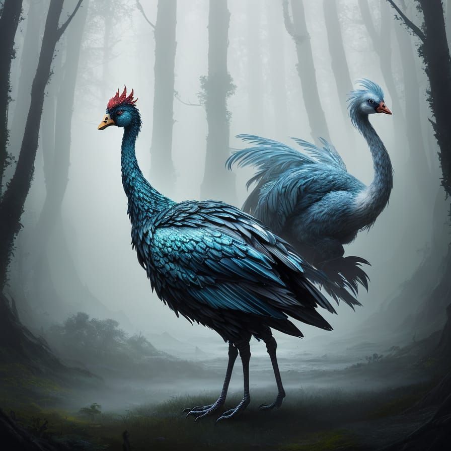 Fantastical Chicken-Swan Hatchling in Misty Forest
