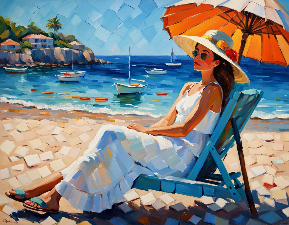 Impasto Oil Painting of Woman in Beach Chair