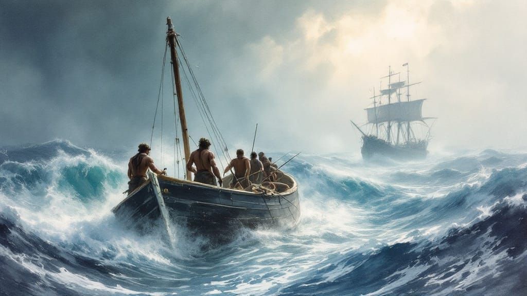 Stormy Whaling Scene in Expressive Watercolor