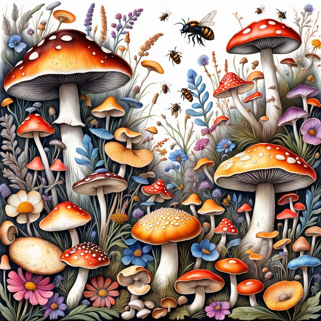 Botanical Illustration of Fungi, Wildflowers, and Insects