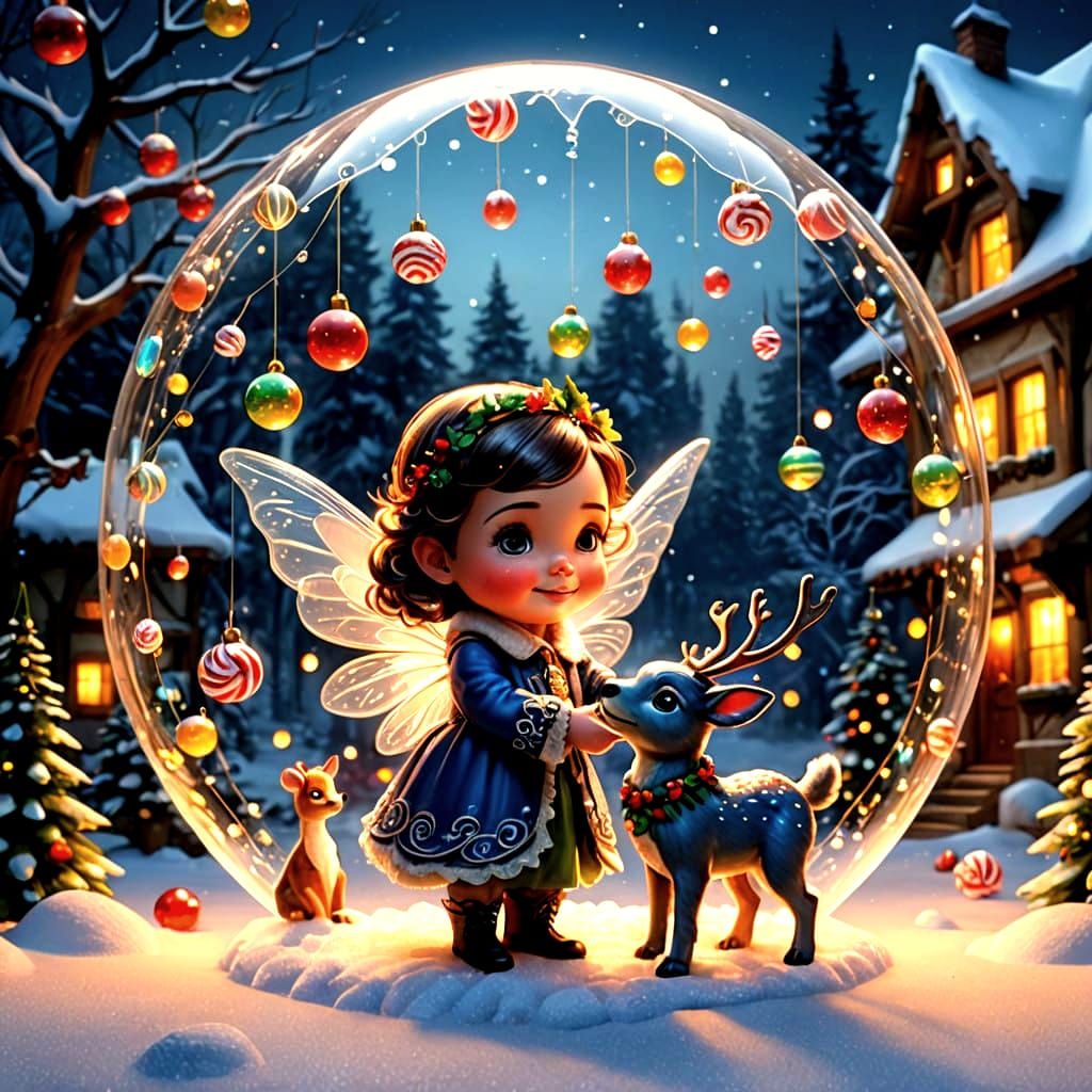 Glass Baby Christmas Fairy Plays with Reindeer in Whimsical....