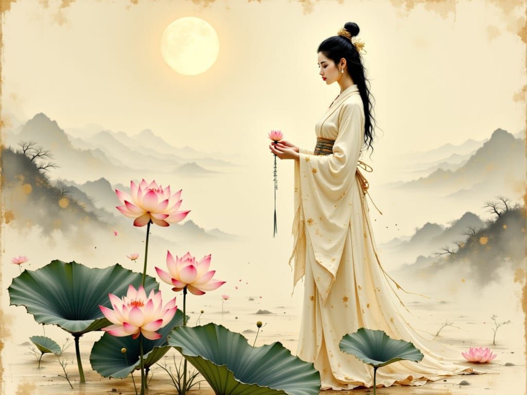 Serene Woman with Blossom in Chinese Art Style
