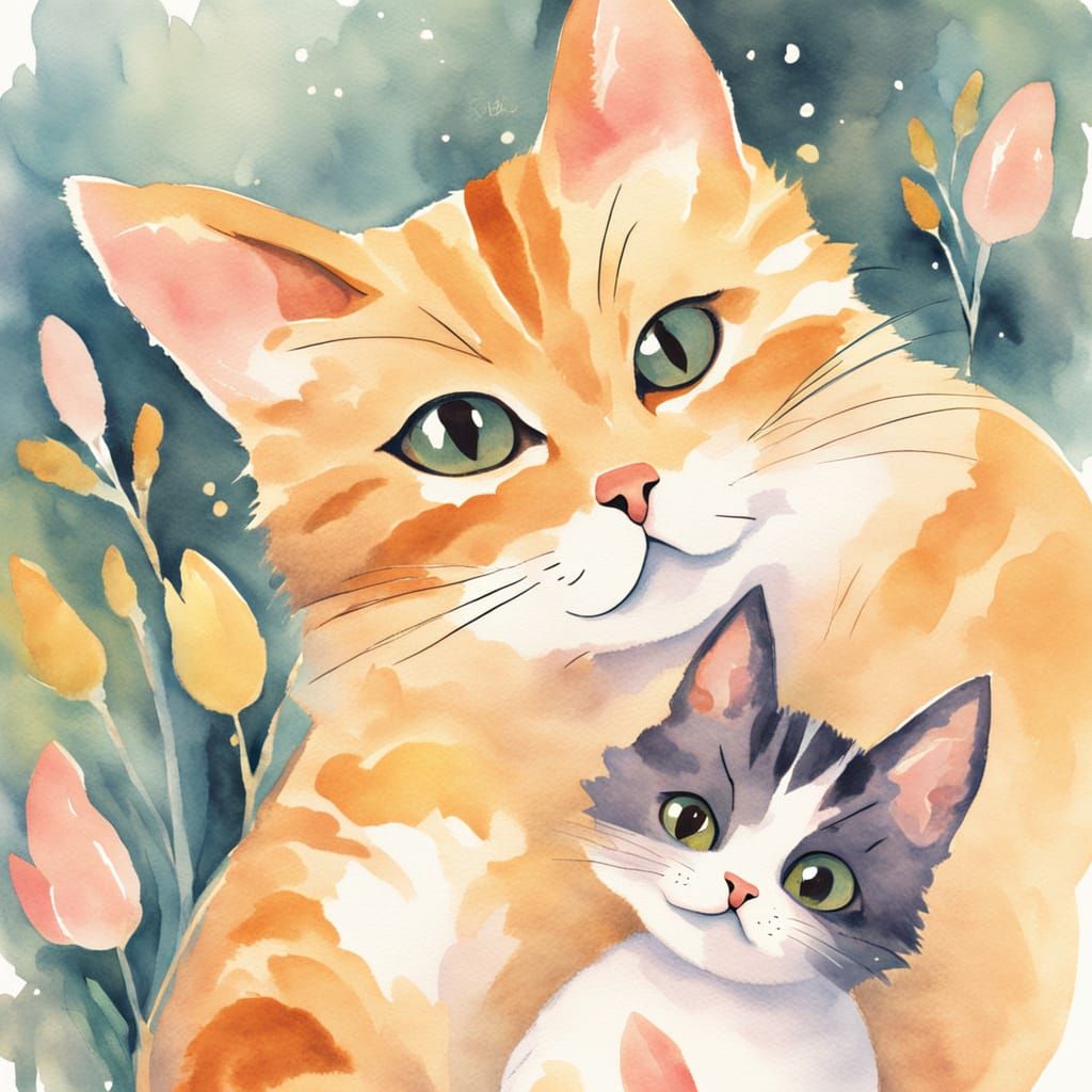 Whimsical Watercolor of Mother Cat and Kittens
