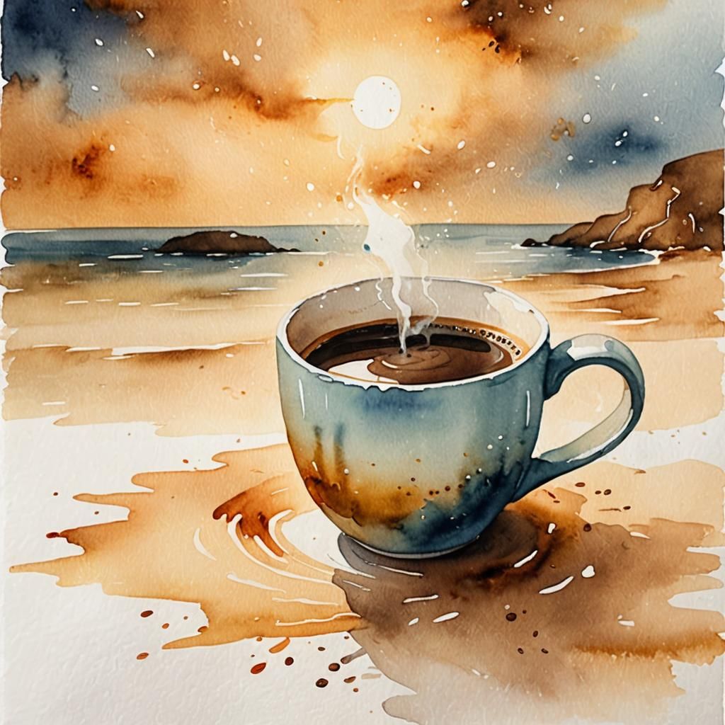 Whimsical Watercolor Coffee Seascape Illustration