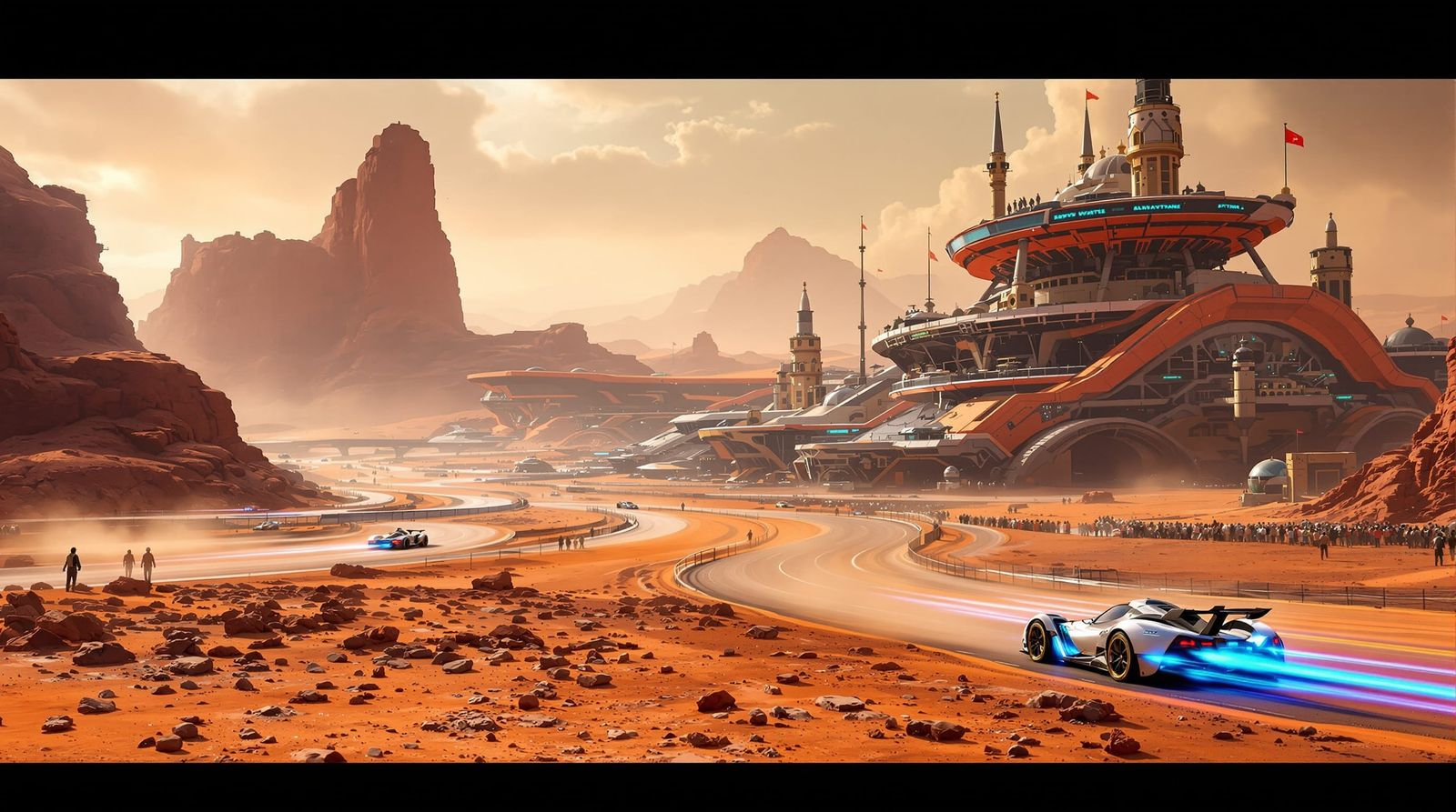 Futuristic Mars Race Track with Anti-Gravity Cars