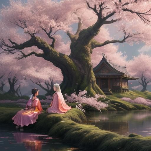 Sisters Under Cherry Tree: Fantasy Digital Art