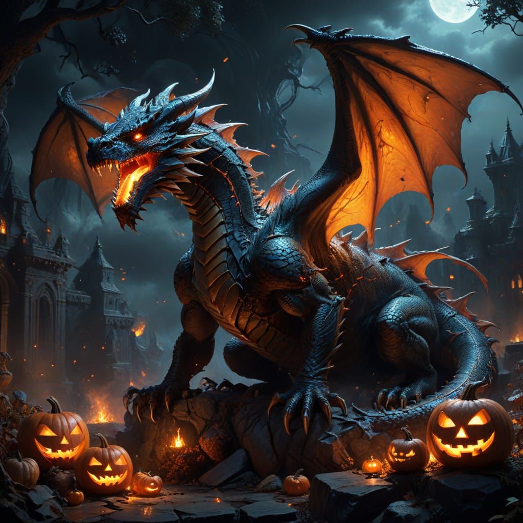 Majestic Dragon with Jack-o'-Lanterns in Dark Fantasy Art