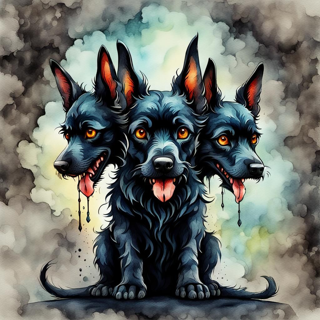 Scary-Cute Cerberus Puppy as Digital Watercolor