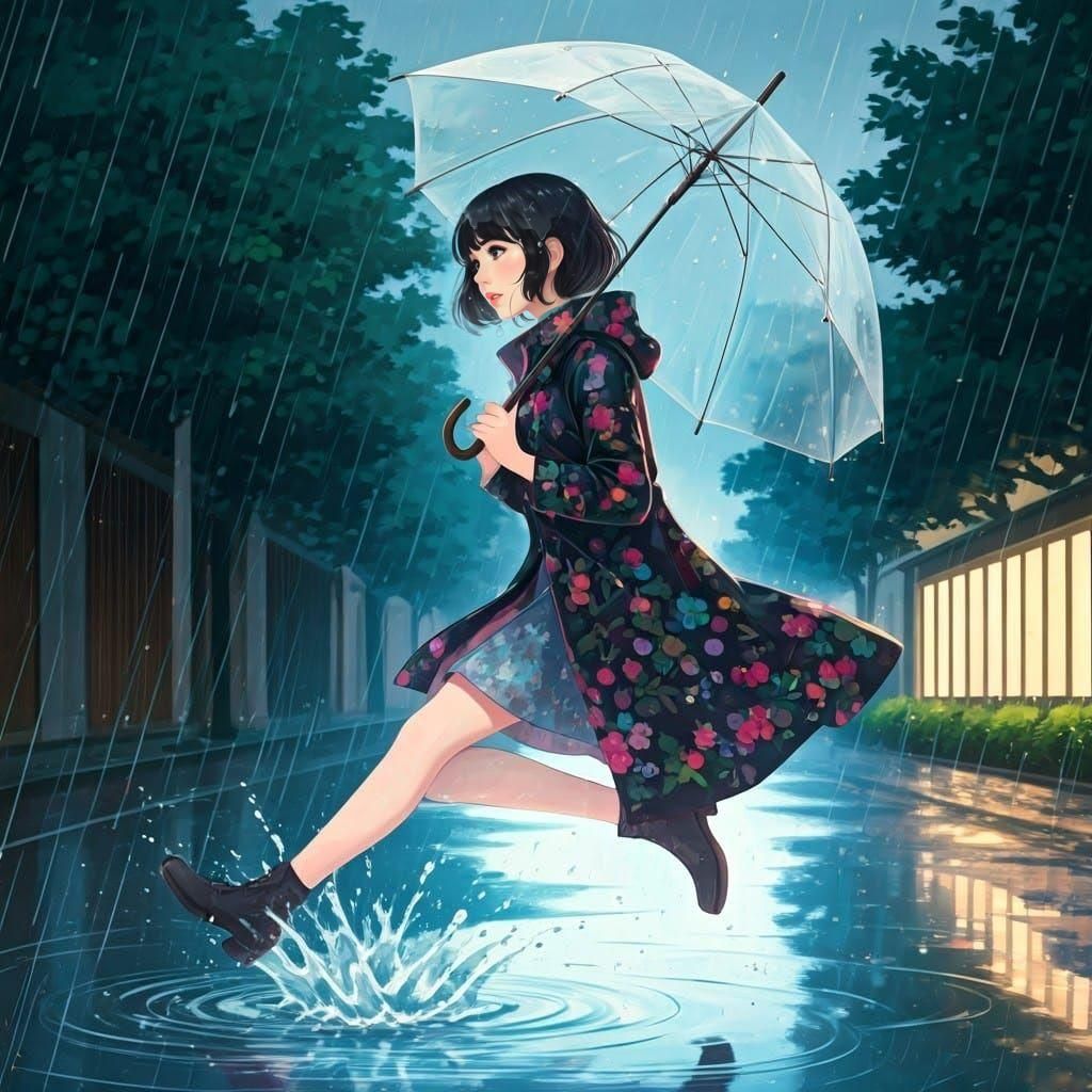 Whimsical Anime Woman Jumping in Puddle