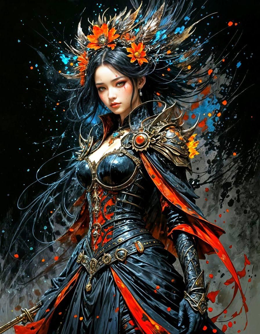 Perfect Black Fire Princess Portrait as Impasto Painting