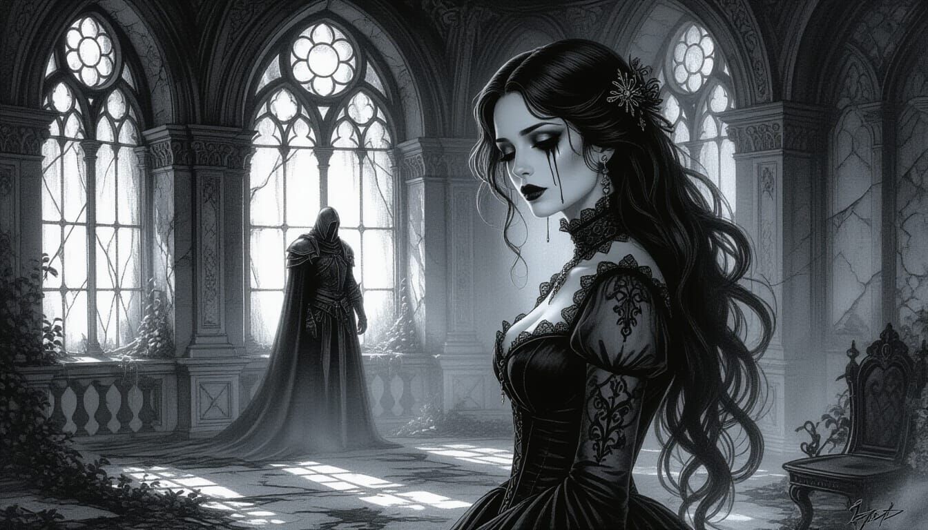 Gothic Vampire Woman in Decaying Ballroom