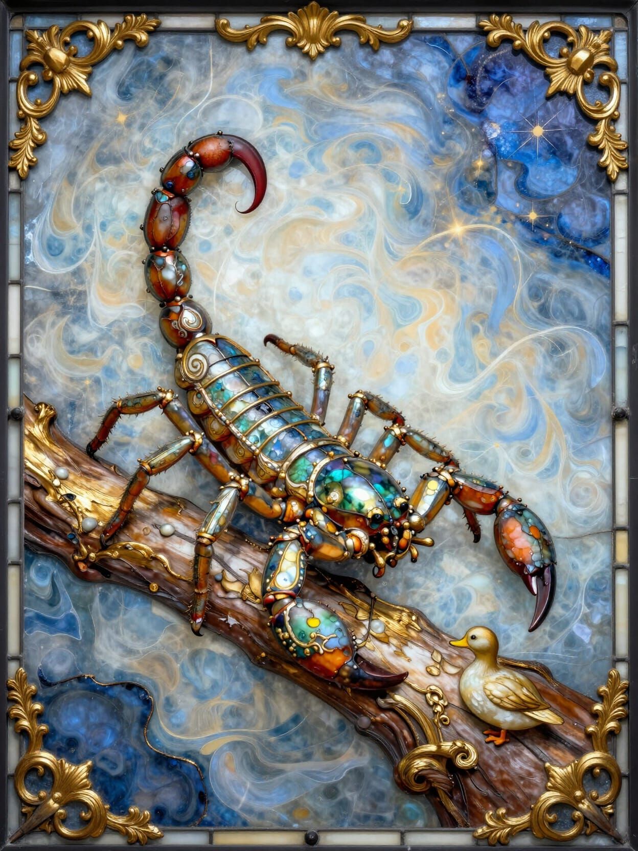 Scorpion on Gilded Branch in Stained Glass Style