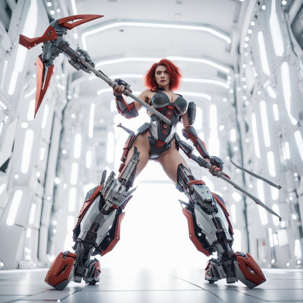 Woman with Exoskeleton Battles Monster in Sci-Fi Scene