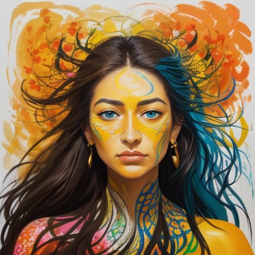 Abstract Expressionism Woman with Scales and Flowers