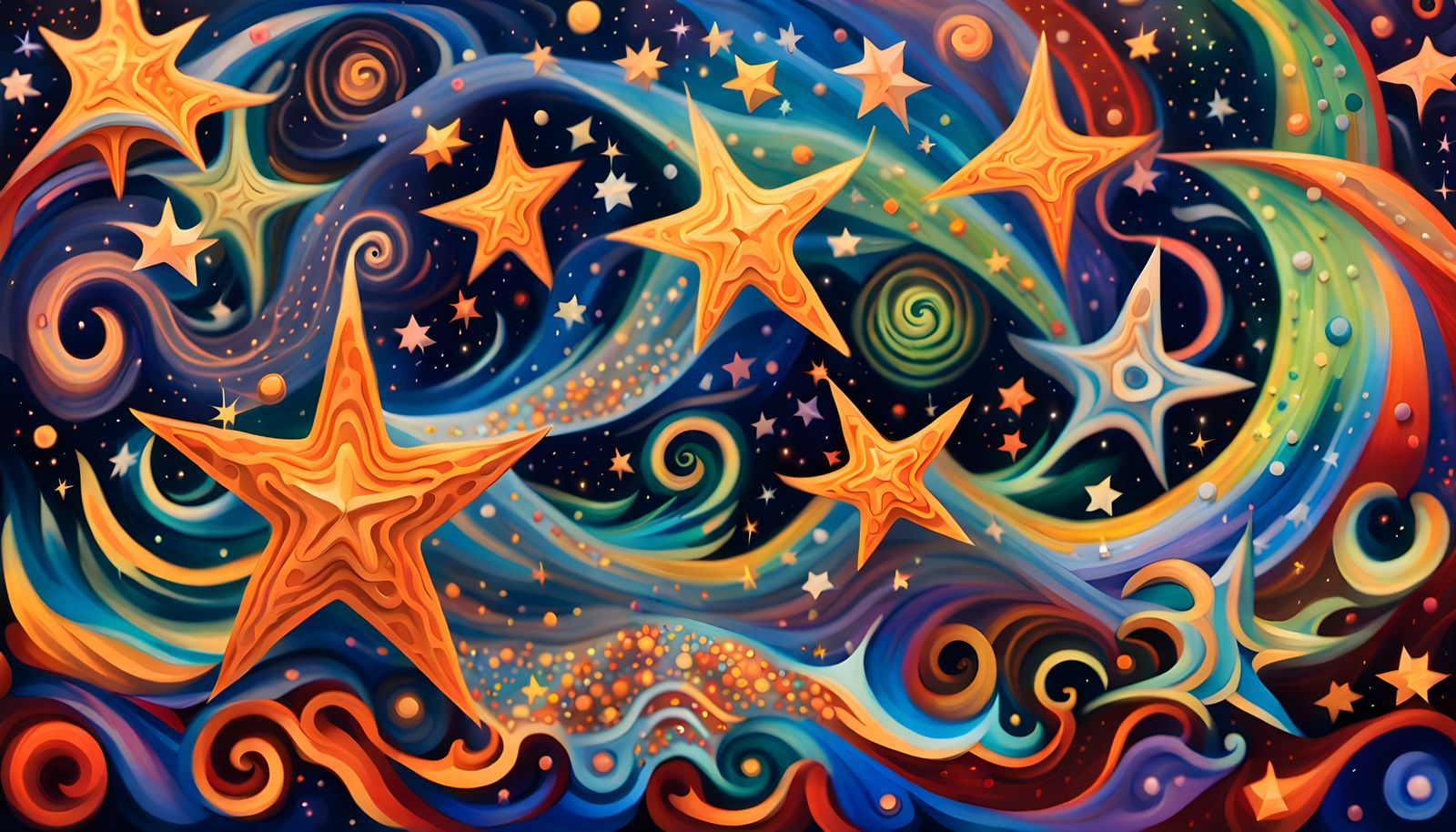 Iridescent Aboriginal-Style Painting of Swirling Celestial S...