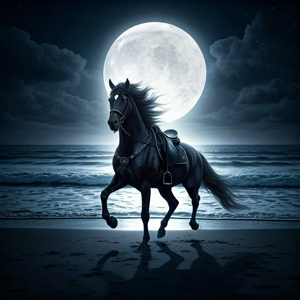 Majestic Black Horse Silhouetted Against a Glowing Full Moon